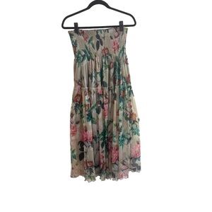 LAPIS Anthropologie Strapless Tiered Floral Print Mesh Midi Dress Size Medium
